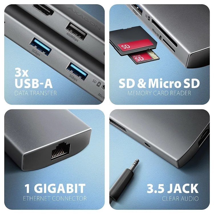AXAGON HMC-8HLSA Wieloportowy koncentrator USB-C 3.2 Gen 1, 3x USB-A + 4K/60Hz HDMI + SD/microSD, Gigabit LAN, Audio, PD 100W - Srebrny