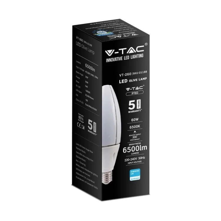 Żarówka LED V-TAC VT-260 SKU 21187 SAMSUNG CHIP 60W E40 4000K 6500lm Biały