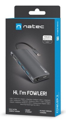 MULTIPORT ADAPTER NATEC FOWLER 2 V2 USB-C 8W1 HUB ->USB 3.0 3X, HDMI 4K, USB-C, RJ45, SD, MICRO SD