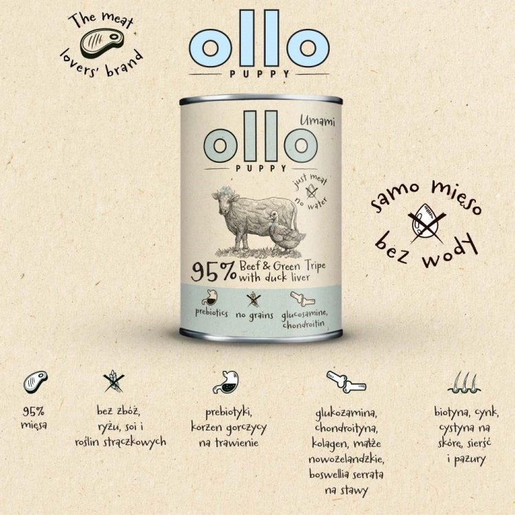 Ollo Puppy Umami Woł. żwacze z Kaczą Wątrobą 850g