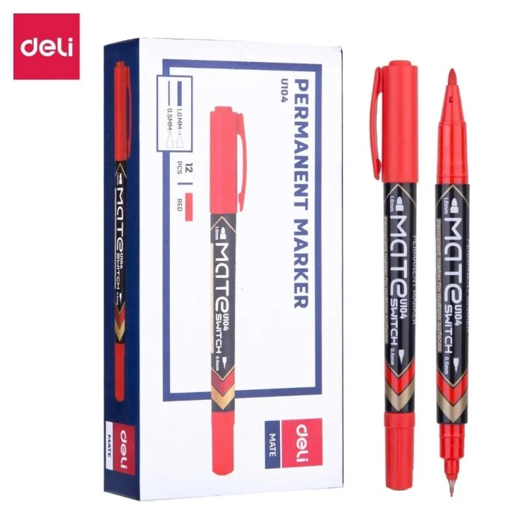 Marker permanentny dwustron. czerwony (12szt) DELI
