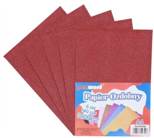 Papier ozdobny A4 brokatowy 140g czerwony 5ark