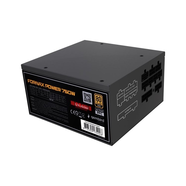 GEMBIRD ZASILACZ KOMPUTEROWY FORNAX POWER 750W 80+ GOLD ATX, 750W, AKTYWNE PFC, 12CM WENTYLATOR