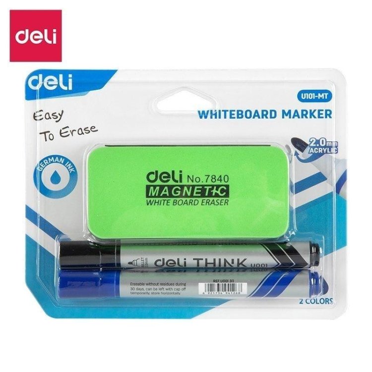 Marker suchościeralny 2mm 2szt + gąbka DELI