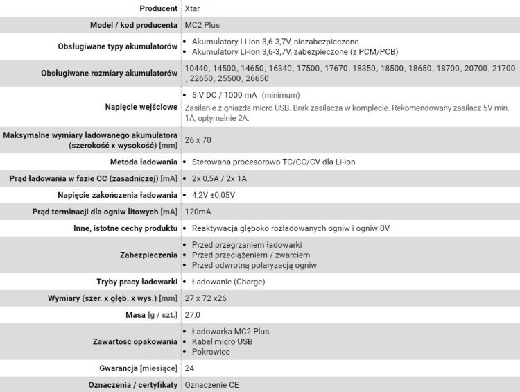 XTAR ŁADOWARKA DO AKUMULATORÓW CYLINDRYCZNYCH LI-ION MC2+