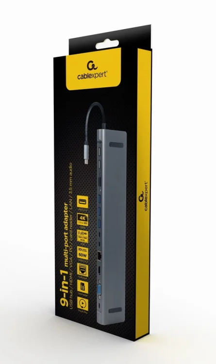 GEMBIRD MULTI ADAPTER USB TYPE-C 8W1 (HUB USB + HDMI + VGA + PD + CZYTNIK KART + LAN + AUDIO 3,5 MM) KOLOR SZARY