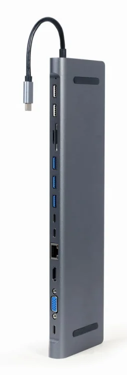 GEMBIRD MULTI ADAPTER USB TYPE-C 8W1 (HUB USB + HDMI + VGA + PD + CZYTNIK KART + LAN + AUDIO 3,5 MM) KOLOR SZARY
