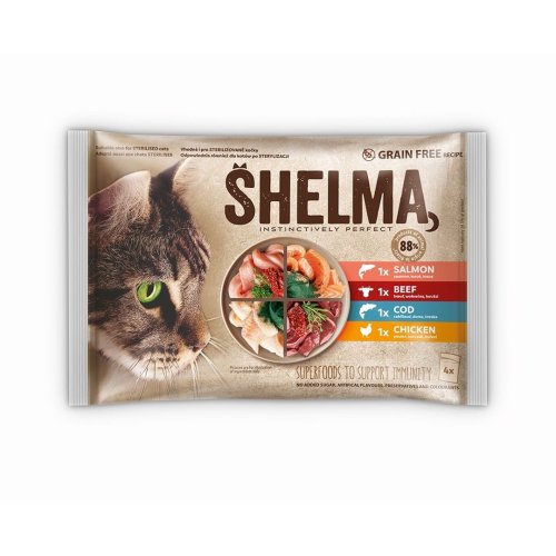 SHELMA saszetka - pełnoporcjowa bezzbożowa karma dla dorosłych kotów. Z łososiem, dorszem, wołowiną i kurczakiem 4x85g