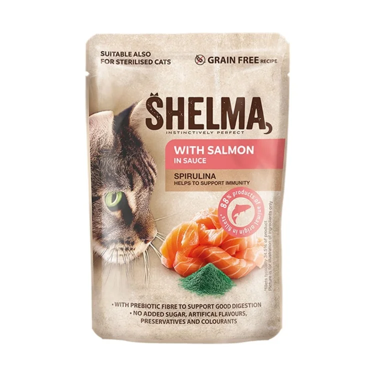 SHELMA saszetka - pełnoporcjowa bezzbożowa karma dla dorosłych kotów. Z łososiem, dorszem, wołowiną i kurczakiem 4x85g