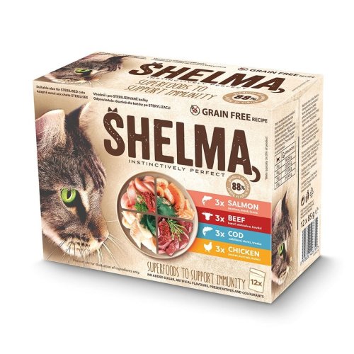 SHELMA saszetka - pełnoporcjowa bezzbożowa karma dla dorosłych kotów. Z kurczakiem, wołowiną, łososiem, dorszem 12x 85 g