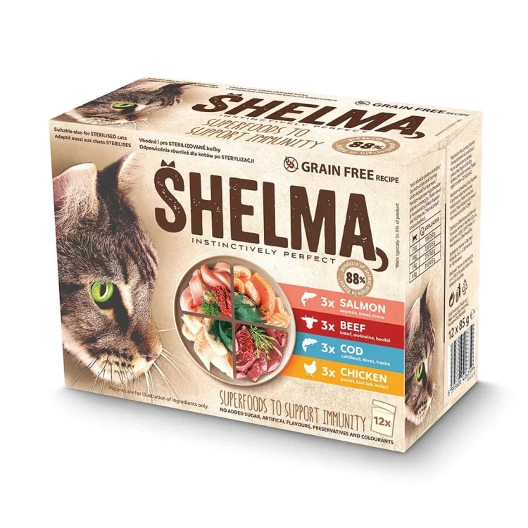 SHELMA saszetka - pełnoporcjowa bezzbożowa karma dla dorosłych kotów. Z kurczakiem, wołowiną, łososiem, dorszem 12x 85 g