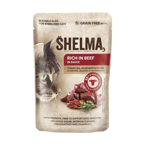 SHELMA saszetka - pełnoporcjowa bezzbożowa karma dla dorosłych kotów. Z kurczakiem, wołowiną, łososiem, dorszem 12x 85 g