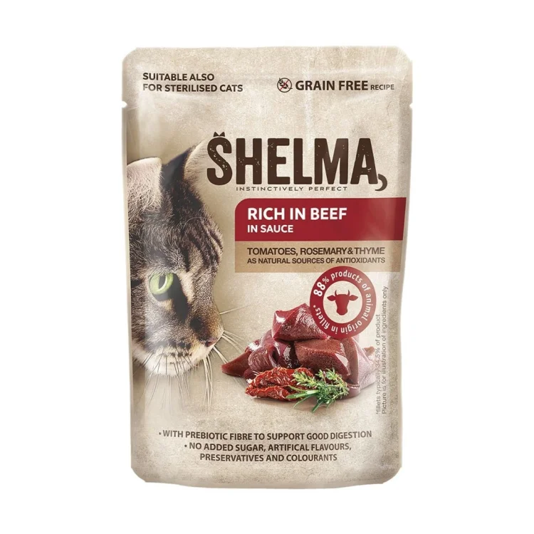 SHELMA saszetka - pełnoporcjowa bezzbożowa karma dla dorosłych kotów. Z kurczakiem, wołowiną, łososiem, dorszem 12x 85 g