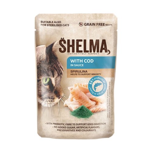 SHELMA saszetka z dorszem i spiruliną dla kota 85g