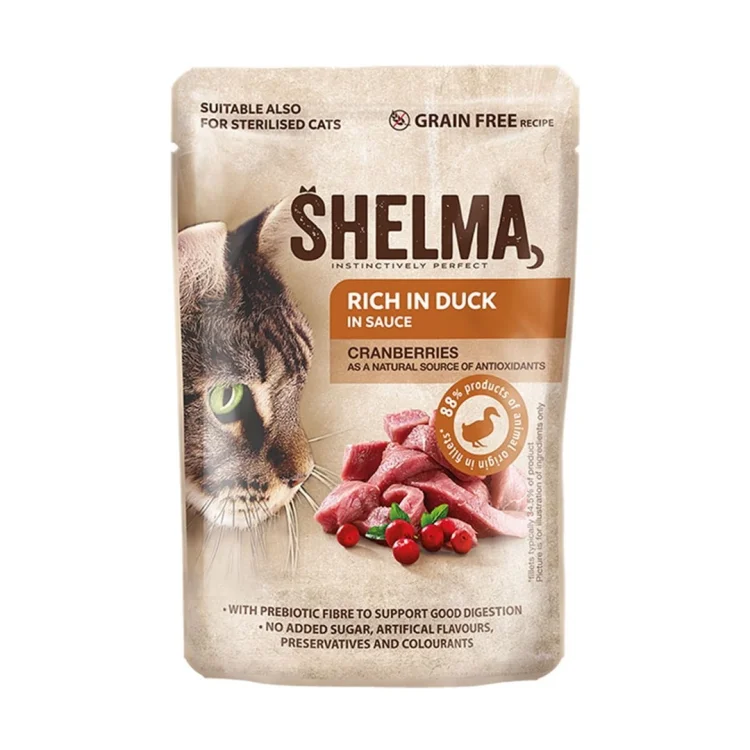 SHELMA saszetka z kaczką i żurawiną dla kota 85g