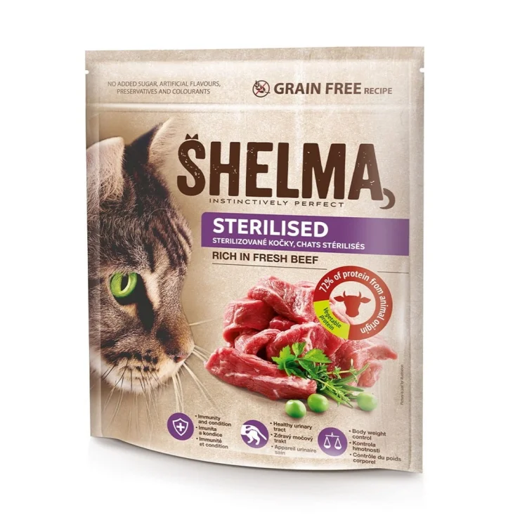 SHELMA karma sucha - pełnoporcjowa karma dla dorosłych kotów sterylizowanych. Bogata w wołowinę 750 g