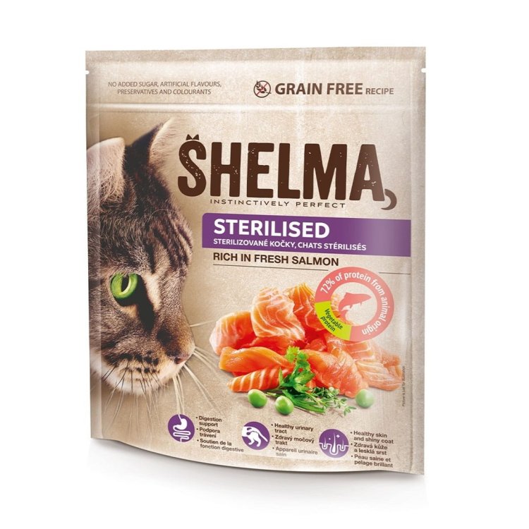 SHELMA karma sucha -  pełnoporcjowa bezzbożowa karma dla dorosłych kotów sterylizowanych. Bogata w łososia 750 g