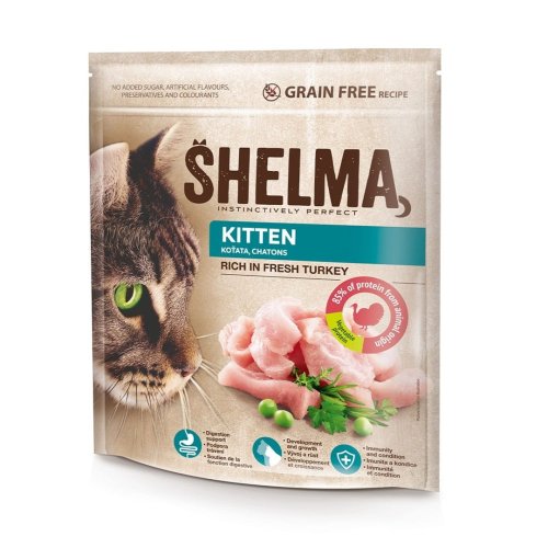 SHELMA junior karma sucha - pełnoporcjowa bezzbożowa karma dla kotków. Bogata w indyka 750 g