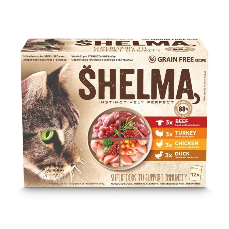 SHELMA saszetka - pełnoporcjowa bezzbożowa karma dla dorosłych kotów. Z kurczakiem, wołowiną, indykiem, kaczką 12x 85 g