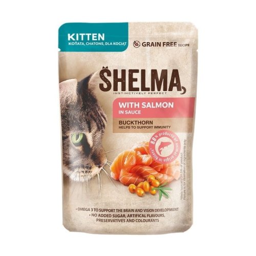 SHELMA saszetka dla kociąt z łososiem i rokitnikiem 85g