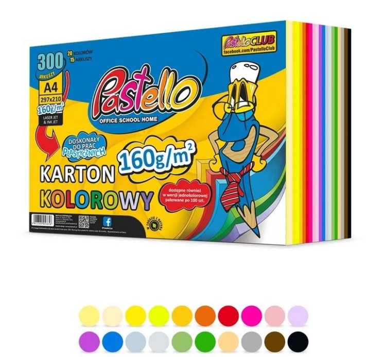 Karton kolorowy A4 160g 20 kolorów 300 arkuszy