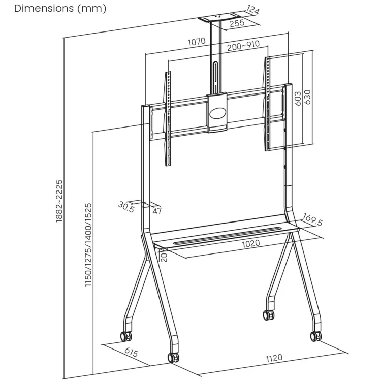 MACLEAN WÓZEK DO TV, PÓŁKA NA KAMERĘ, NA KÓŁKACH, 55-100", MAX. OBCIĄŻENIE 120KG/10KG PÓŁKA, MAX. VESA 900X600 MC-114 B