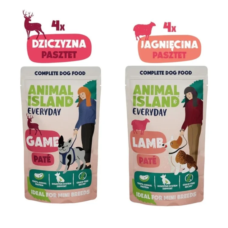 ANIMAL ISLAND Everyday pasztet, saszetka pies 8 szt; 150g x 4 szt dziczyzna, 150g x 4 szt jagnięcina