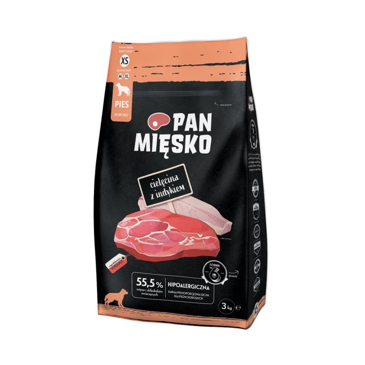 Pan Mięsko Cielęcina z indykiem sucha karma dla psa chrupki XS 3kg