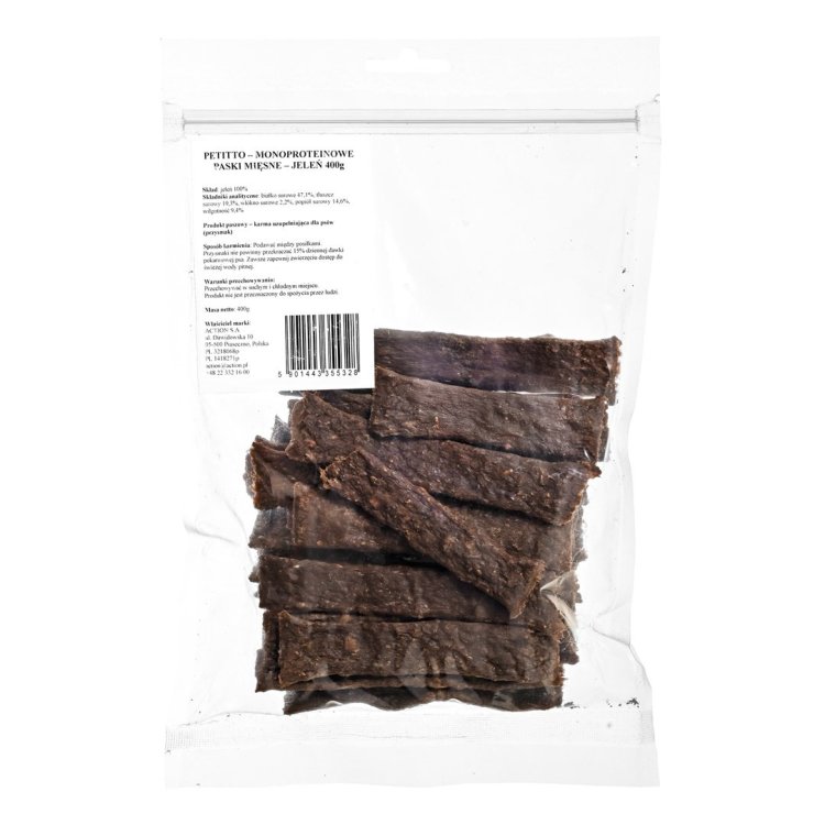 PETITTO – Monoproteinowe paski mięsne-Jeleń - przysmak dla psa 400g