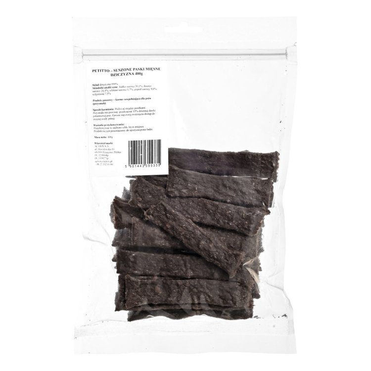 PETITTO – Suszone paski mięsne – dziczyzna - przysmak dla psa 400g