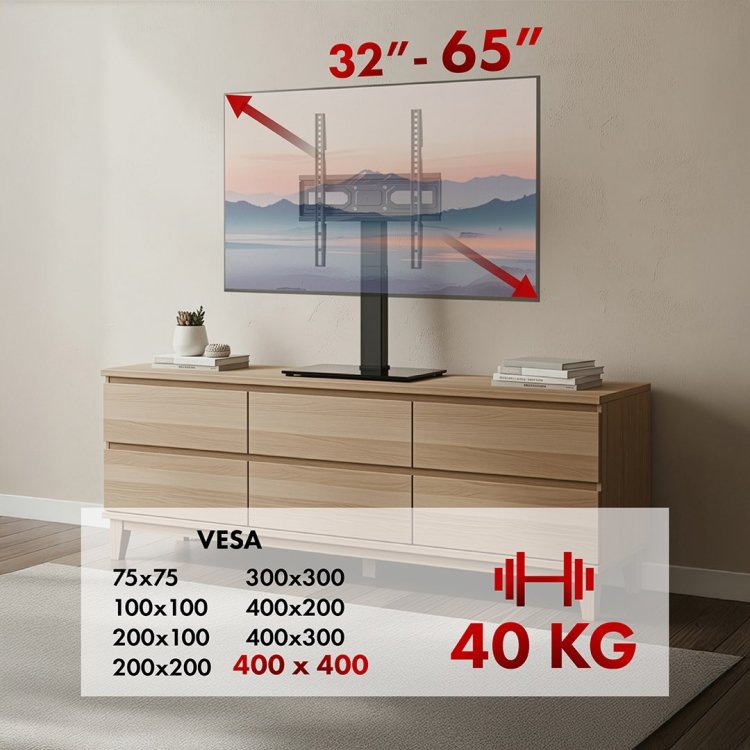 MACLEAN UNIWERSALNY STOJAK DO TV, NA SZAFKĘ RTV, PODSTAWKA, MAX. 40KG, MAX. VESA 400X400, REGULACJA WYSOKOŚCI I KĄTA MC-1240