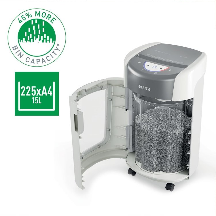 Niszczarka Leitz IQ OptiMax Home Office 225, 15l, P5, 6 kartek, Automatyczny Start/Stop, Funkcja cofania, Obrotowy pojemnik - 33% większa pojemność na