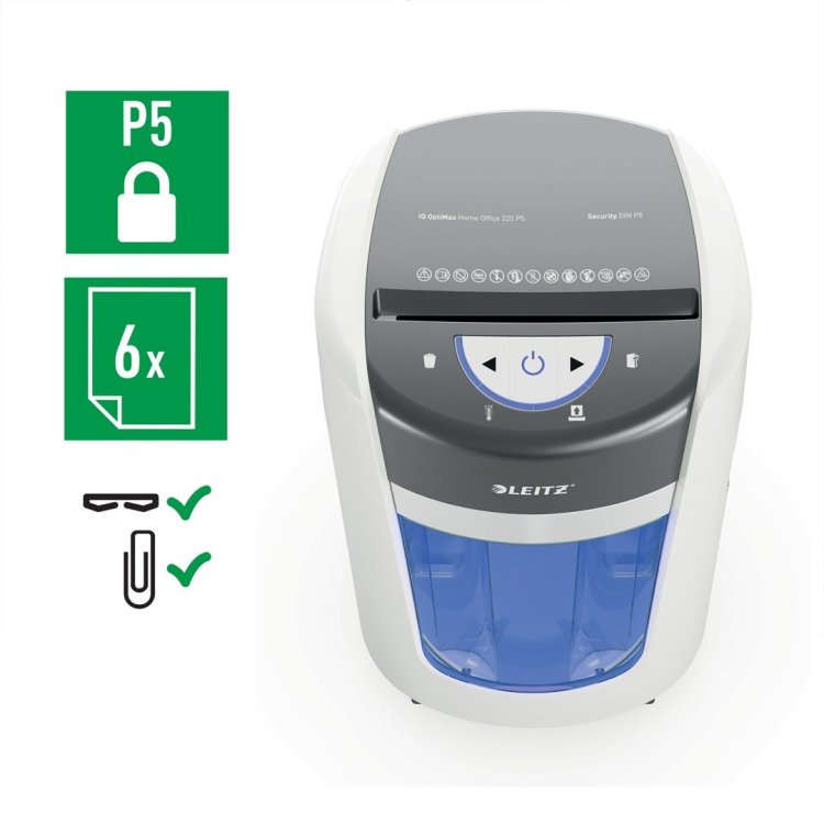 Niszczarka Leitz IQ OptiMax Home Office 225, 15l, P5, 6 kartek, Automatyczny Start/Stop, Funkcja cofania, Obrotowy pojemnik - 33% większa pojemność na