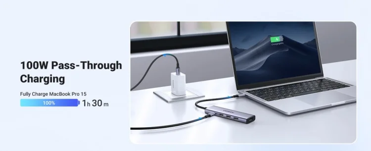 Ugreen Wielofunkcyjny HUB 5w1 USB-C  - HDMI 1.4 / 3 x USB-A / USB-C PD 100W CM511 - szary