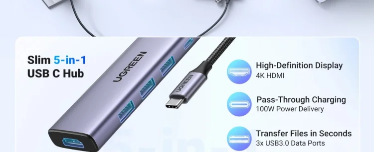 Ugreen Wielofunkcyjny HUB 5w1 USB-C  - HDMI 1.4 / 3 x USB-A / USB-C PD 100W CM511 - szary