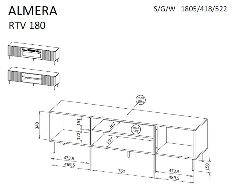 Szafka RTV ALMERA 180,5x42x52,5 orzech/kaszmir