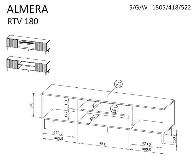 Szafka RTV ALMERA 180,5x42x52,5 orzech/kaszmir + kominek czarny