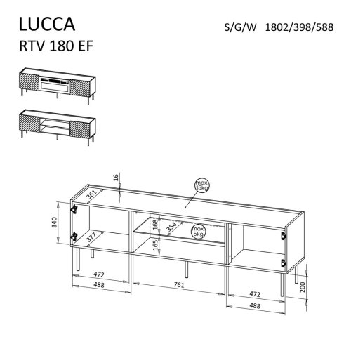 Szafka RTV LUCCA 180x40x59 biały + kominek czarny