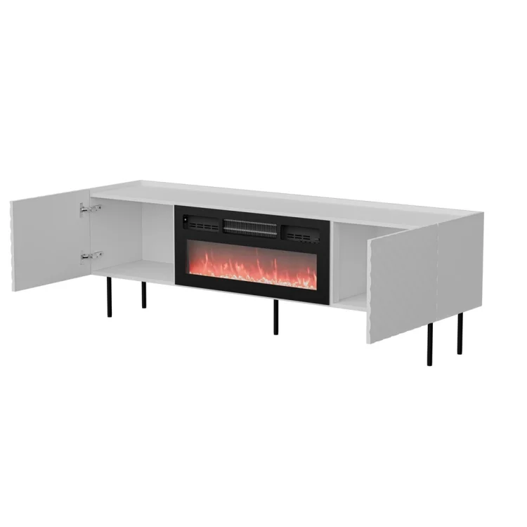 Szafka RTV LUCCA 180x40x59 biały + kominek czarny