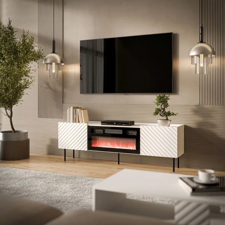 Szafka RTV LUCCA 180x40x59 biały + kominek czarny