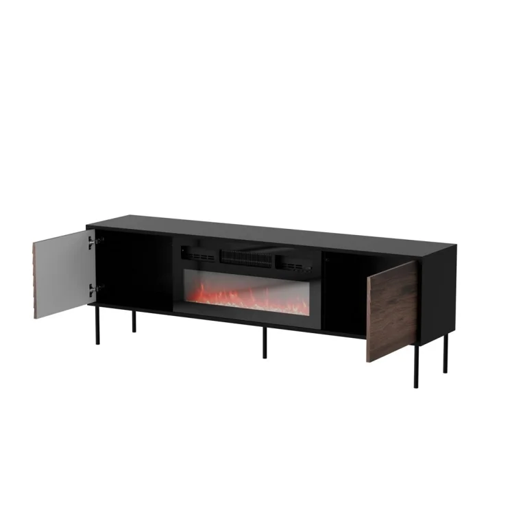 Szafka RTV CORTINA 180x40x60 czarny/orzech + kominek czarny