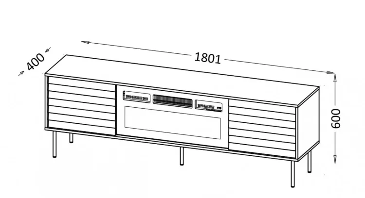 Szafka RTV CORTINA 180x40x60 czarny + kominek czarny