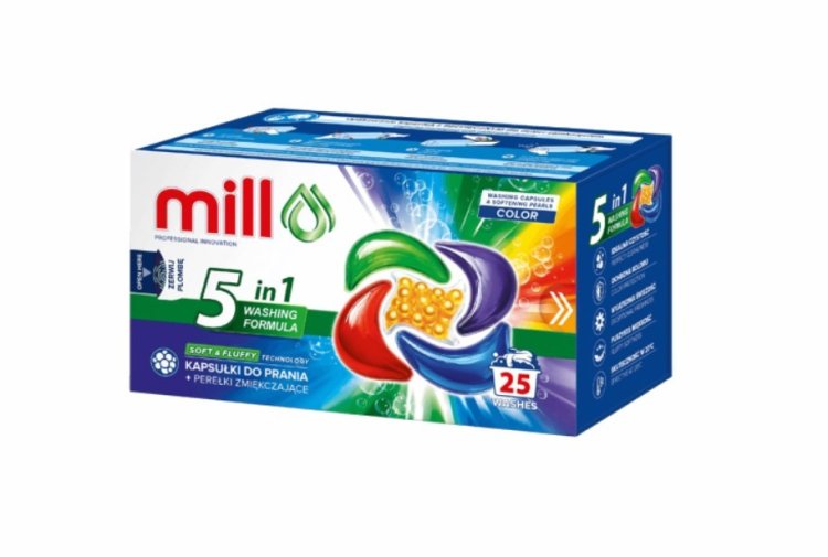 MILL PRO Kapsułki 5k do prania + perełki zmiękcz. COLOR 25szt (opak.zb 8szt.)