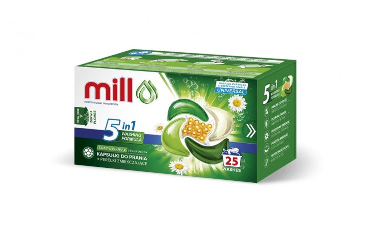 MILL PRO Kapsułki 5k do prania + perełki zmiękcz. UNIVERSAL 25szt (opak.zb 8szt.)