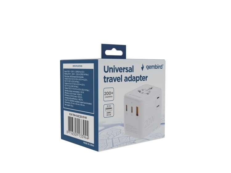 GEMBIRD UNIWERSALNY ADAPTER PODRÓŻNY 20 W, BIAŁY
