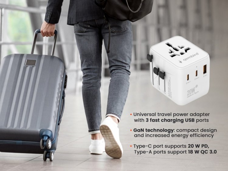 GEMBIRD UNIWERSALNY ADAPTER PODRÓŻNY 20 W, BIAŁY