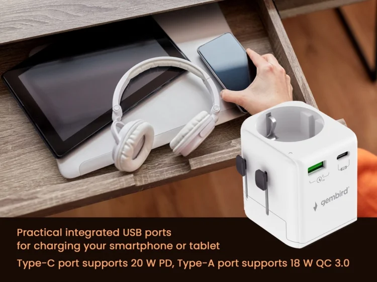 GEMBIRD UNIWERSALNY ADAPTER PODRÓŻNY Z UZIEMIENIEM 20 W, BIAŁY