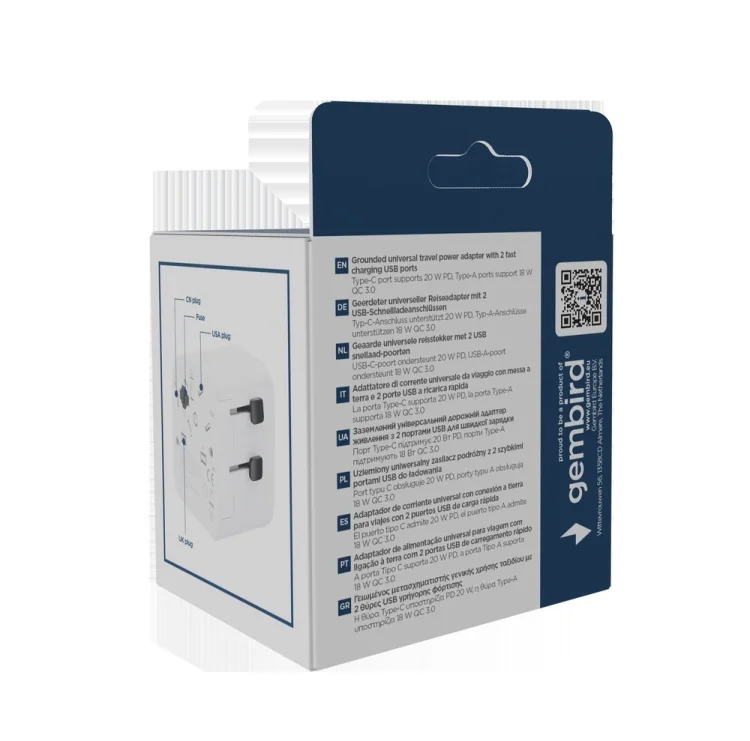GEMBIRD UNIWERSALNY ADAPTER PODRÓŻNY Z UZIEMIENIEM 20 W, BIAŁY