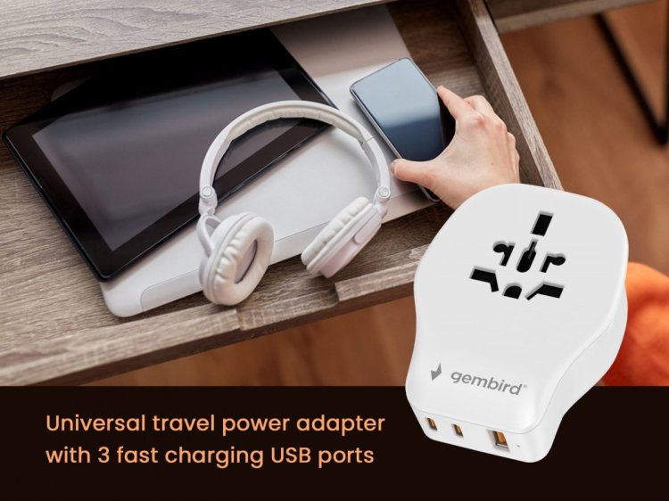 GEMBIRD UNIWERSALNY ADAPTER PODRÓŻNY 20 W, BIAŁY