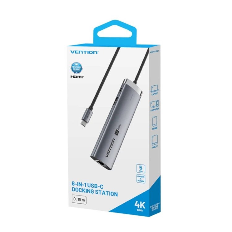 Stacja dokująca USB-C 8w1 Vention 4K 60Hz 100W PD 0.15m